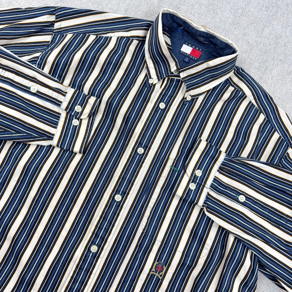 Vintage Tommy Hilfiger Shirt Men Medium Blue Striped Colorblock 90s Western